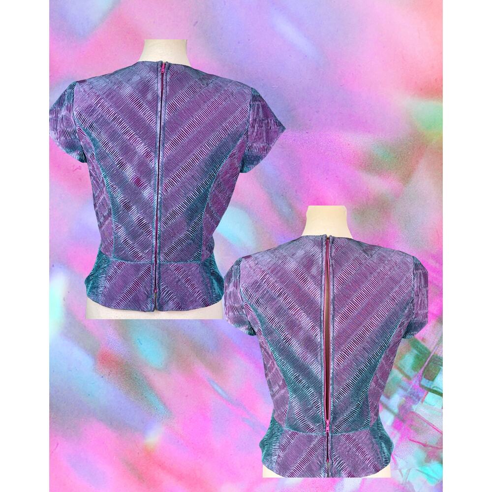 Vintage 90s Flores & Flores Purple Magenta Crop Peplum Folded Pleat Blouse 8 - Picture 3 of 4